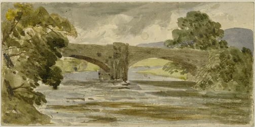 Landschaft mit Brücke und Bäumen